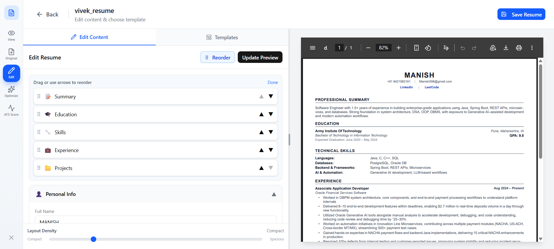 Leepo resume editor with real-time editing and ATS optimization