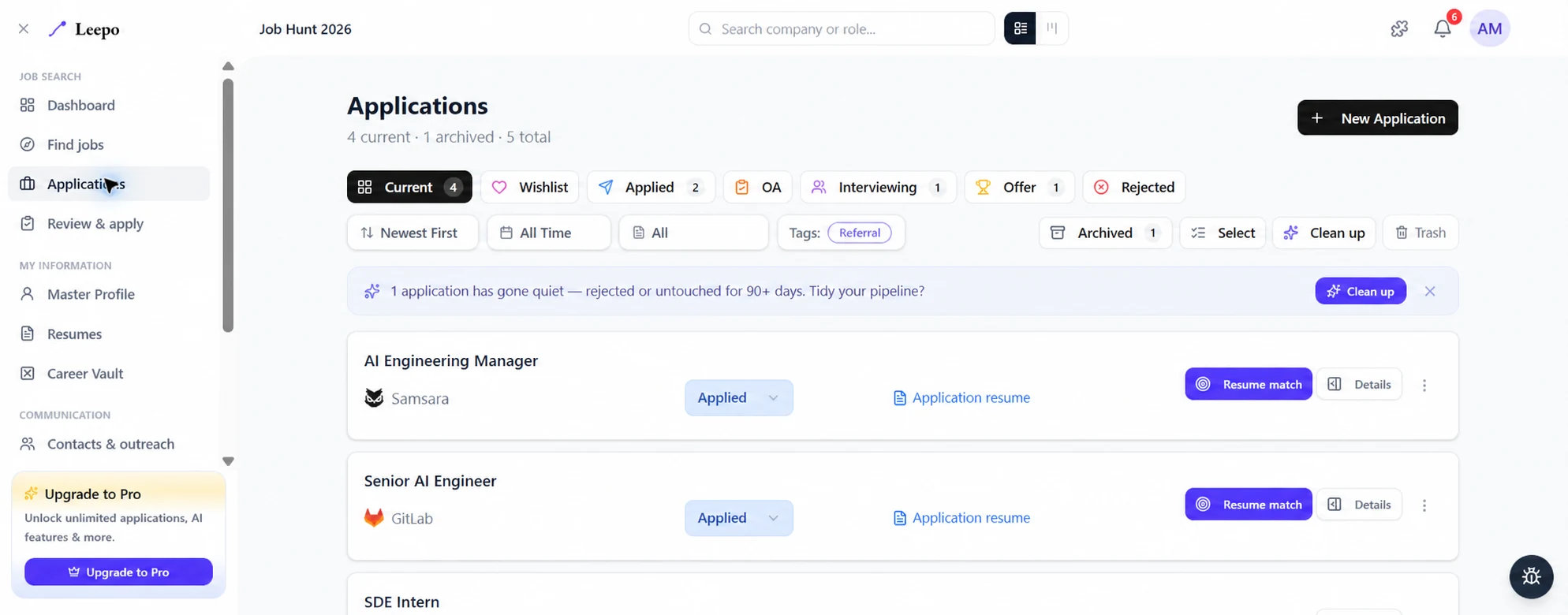 Leepo Applications page with colored stage filters, application rows and each role’s resume