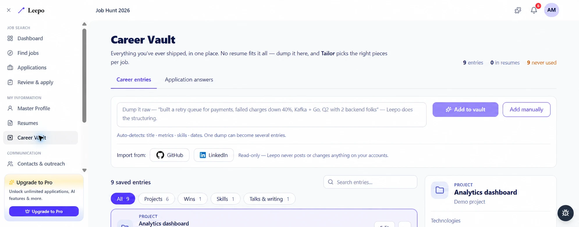 Leepo Career Vault with a raw-note field, GitHub and LinkedIn import entry points and saved career entries