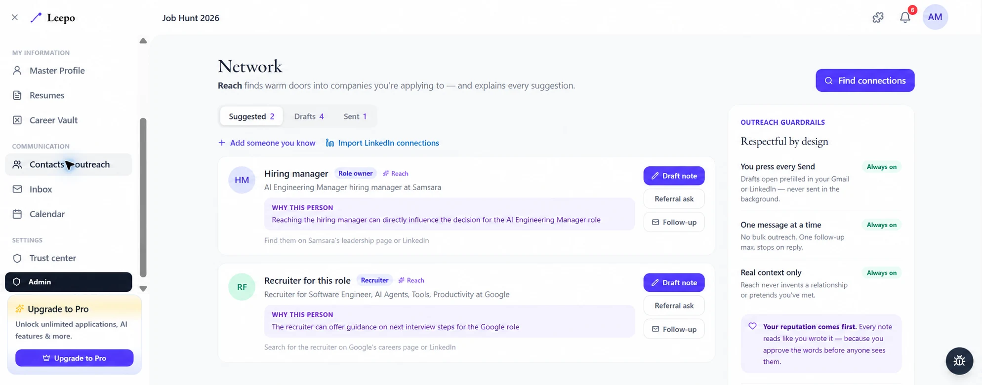 Leepo Network screen with role-based outreach suggestions and review-before-send controls