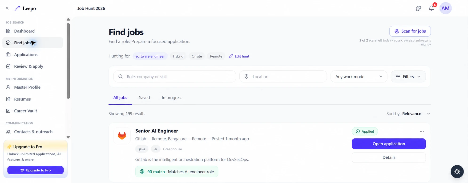 Leepo Find jobs screen with matching roles and job details