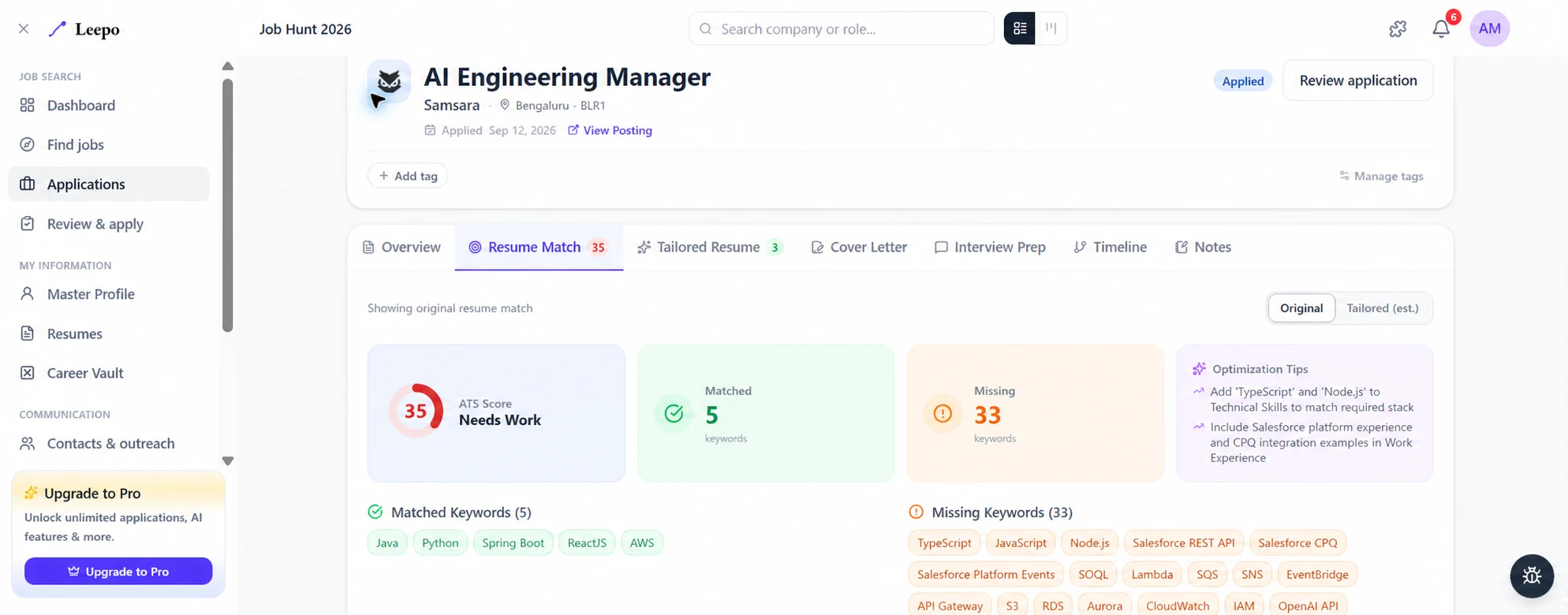 Leepo Resume Match tab for an application: ATS score, matched and missing keywords, and optimization tips