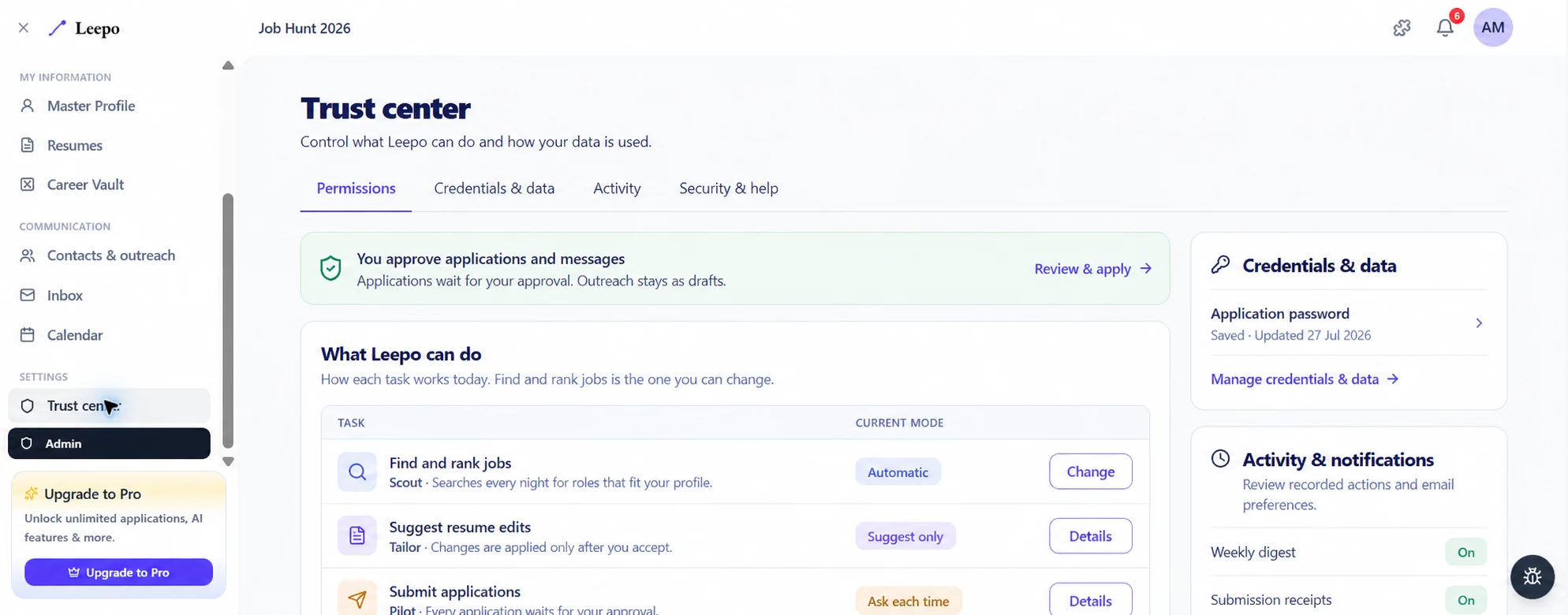 Leepo Trust center showing task permissions, approval requirements, credentials and activity controls
